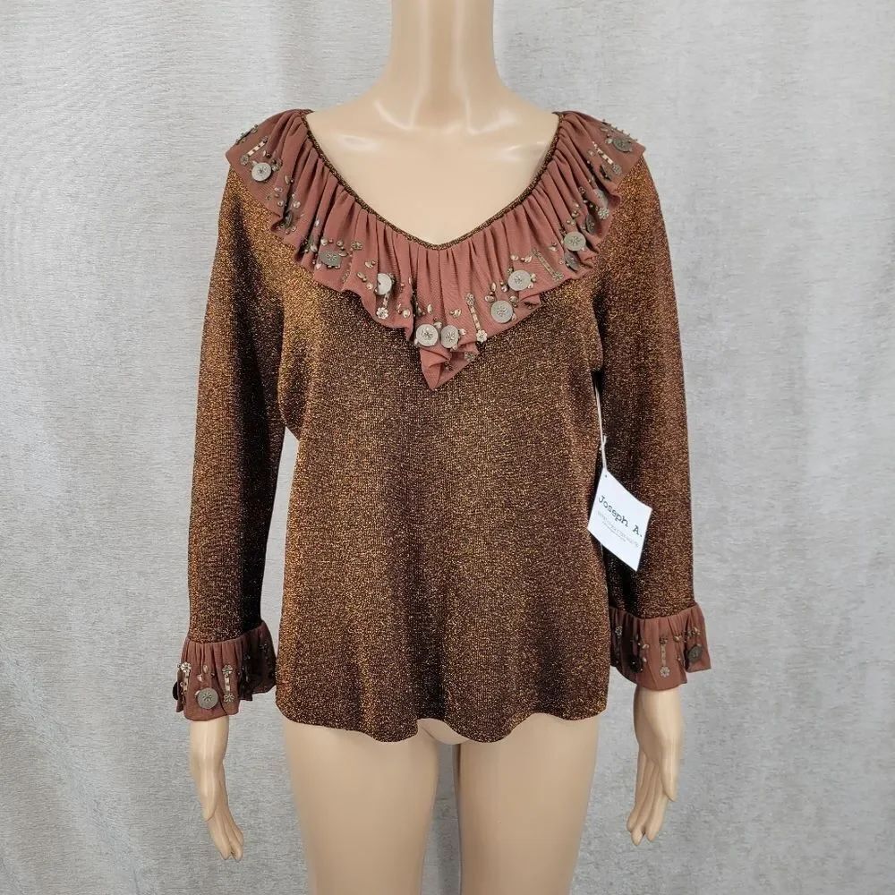 Vintage Metallic Bronze and Copper Beaded Flounce Sweater Deadstock NEW